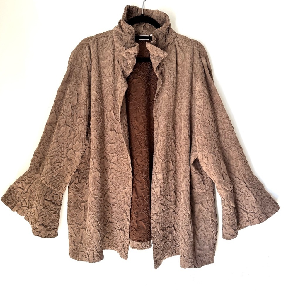 CHICO'S Travelers Taupe Wrinkle Free Jacket Ruffle Collar Sz XL